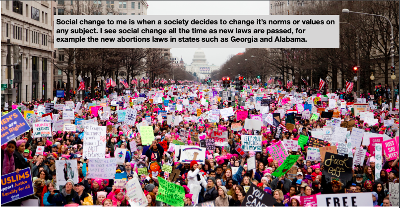 Image of crowd of people in protest with text: Social change to me is when a society decides to change it’s norms or values on any subject. I see social change all the time as new laws are passed, for example the new abortions laws in states such as Georgia and Alabama.
